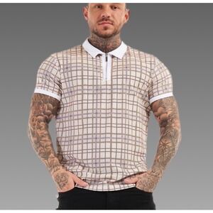 NWT Men's Short Sleeve Golf Polo‎ Shirt Plaid Zip Neck Beige Size M